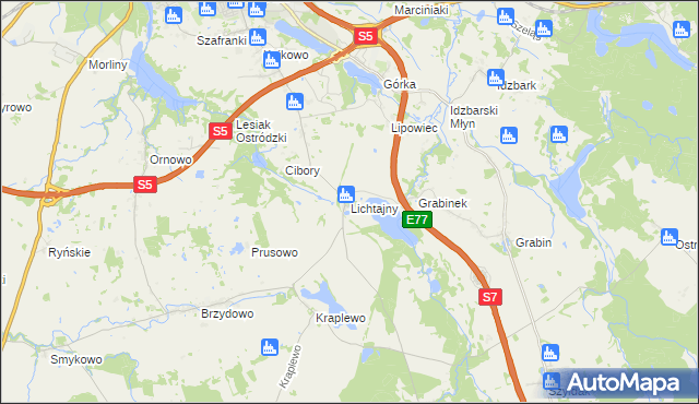 mapa Lichtajny gmina Ostróda, Lichtajny gmina Ostróda na mapie Targeo