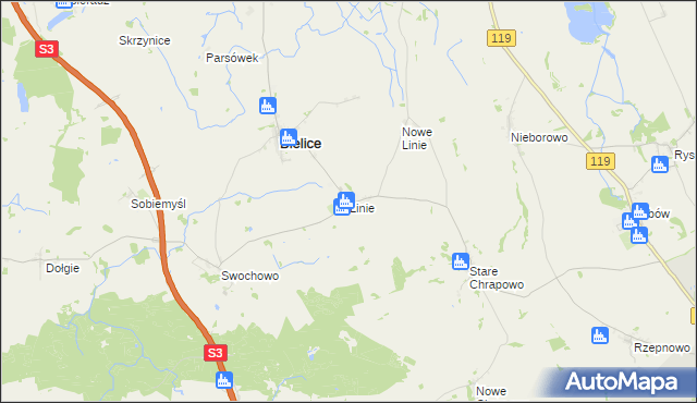 mapa Linie gmina Bielice, Linie gmina Bielice na mapie Targeo