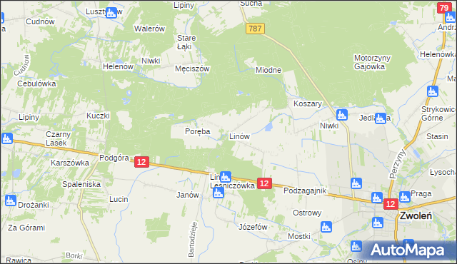 mapa Linów gmina Zwoleń, Linów gmina Zwoleń na mapie Targeo