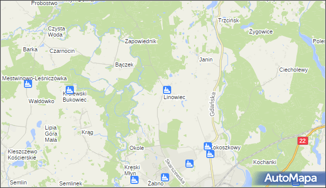 mapa Linowiec gmina Starogard Gdański, Linowiec gmina Starogard Gdański na mapie Targeo