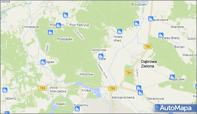 mapa Lipie gmina Dąbrowa Zielona, Lipie gmina Dąbrowa Zielona na mapie Targeo