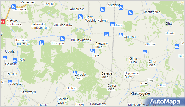 mapa Lipie gmina Kiełczygłów, Lipie gmina Kiełczygłów na mapie Targeo