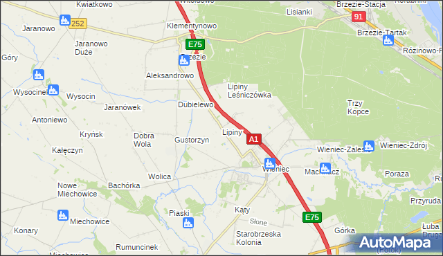 mapa Lipiny gmina Brześć Kujawski, Lipiny gmina Brześć Kujawski na mapie Targeo