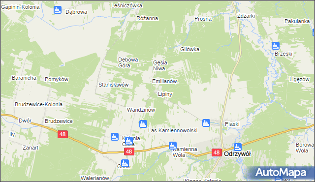 mapa Lipiny gmina Odrzywół, Lipiny gmina Odrzywół na mapie Targeo