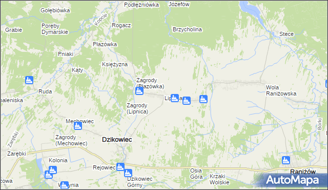 mapa Lipnica gmina Dzikowiec, Lipnica gmina Dzikowiec na mapie Targeo