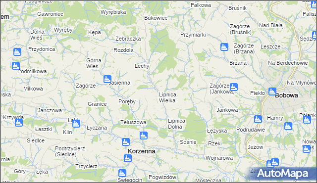 mapa Lipnica Wielka gmina Korzenna, Lipnica Wielka gmina Korzenna na mapie Targeo