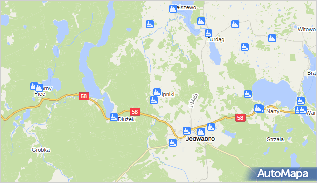 mapa Lipniki gmina Jedwabno, Lipniki gmina Jedwabno na mapie Targeo