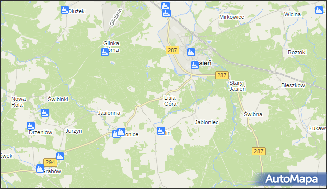 mapa Lisia Góra gmina Jasień, Lisia Góra gmina Jasień na mapie Targeo