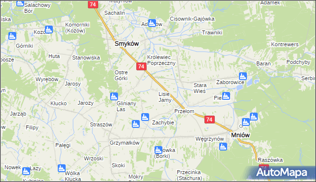 mapa Lisie Jamy gmina Mniów, Lisie Jamy gmina Mniów na mapie Targeo