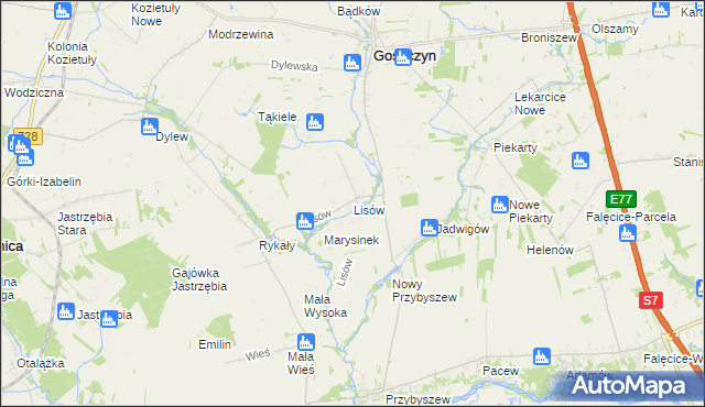 mapa Lisów gmina Promna, Lisów gmina Promna na mapie Targeo