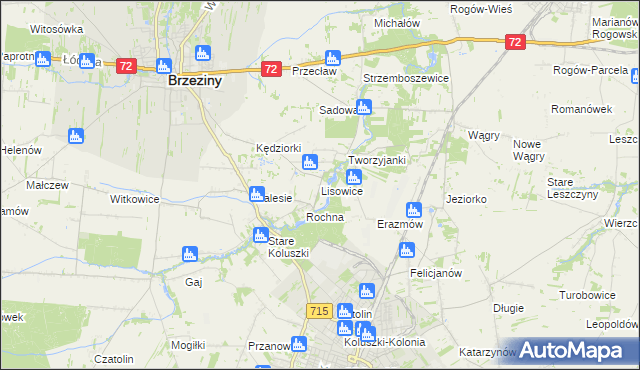 mapa Lisowice gmina Koluszki, Lisowice gmina Koluszki na mapie Targeo