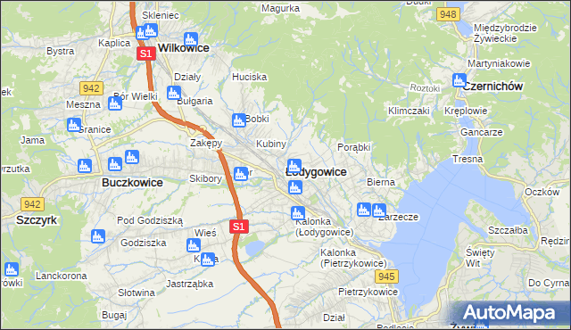 mapa Łodygowice powiat żywiecki, Łodygowice powiat żywiecki na mapie Targeo