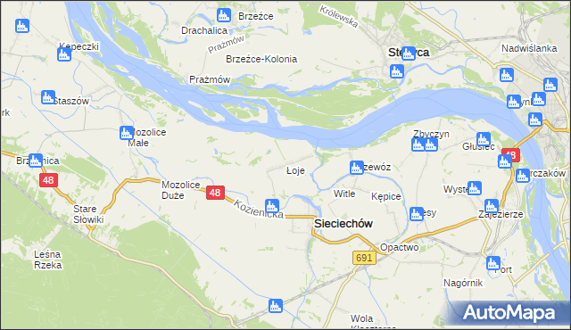 mapa Łoje gmina Sieciechów, Łoje gmina Sieciechów na mapie Targeo