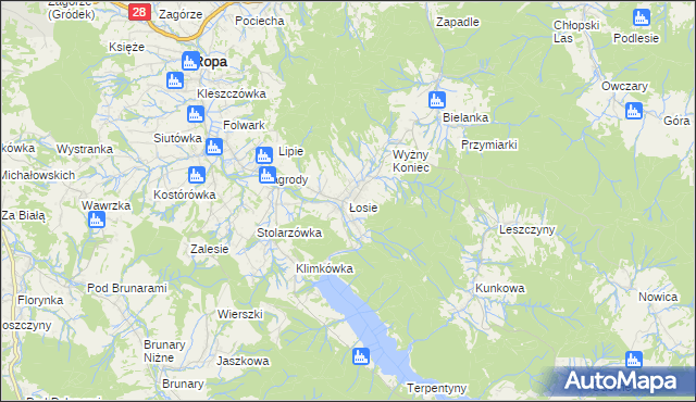 mapa Łosie gmina Ropa, Łosie gmina Ropa na mapie Targeo