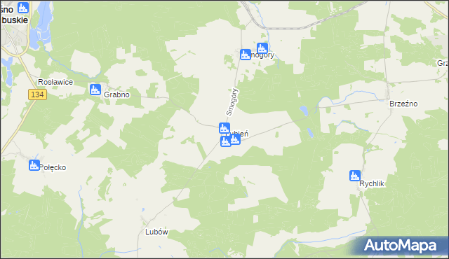 mapa Lubień gmina Ośno Lubuskie, Lubień gmina Ośno Lubuskie na mapie Targeo