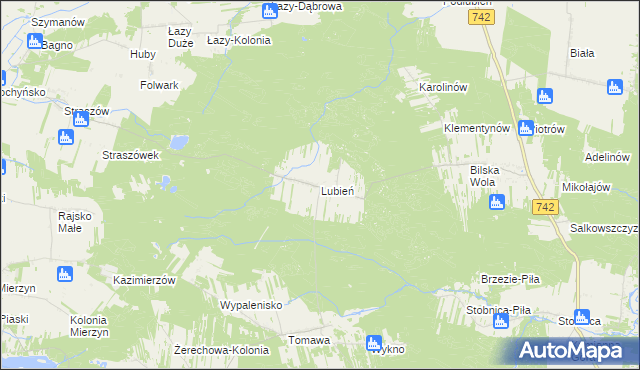 mapa Lubień gmina Rozprza, Lubień gmina Rozprza na mapie Targeo