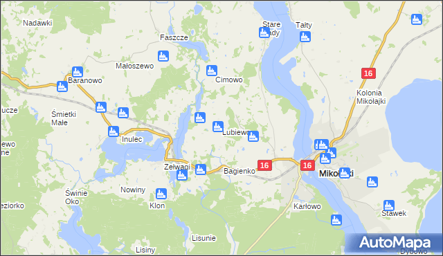 mapa Lubiewo gmina Mikołajki, Lubiewo gmina Mikołajki na mapie Targeo