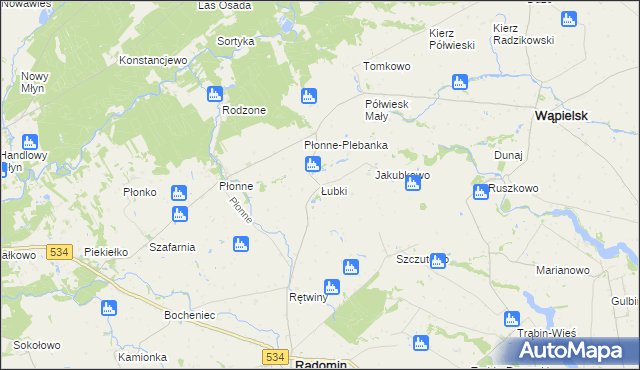 mapa Łubki gmina Radomin, Łubki gmina Radomin na mapie Targeo