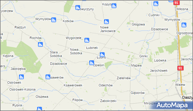 mapa Łubno gmina Daszyna, Łubno gmina Daszyna na mapie Targeo