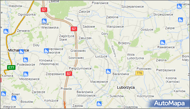 mapa Łuczyce gmina Kocmyrzów-Luborzyca, Łuczyce gmina Kocmyrzów-Luborzyca na mapie Targeo