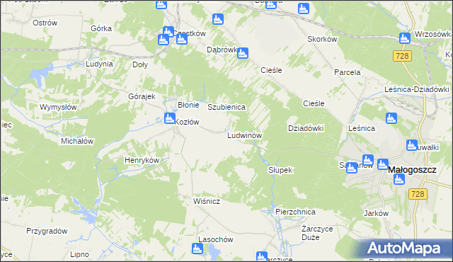 mapa Ludwinów gmina Małogoszcz, Ludwinów gmina Małogoszcz na mapie Targeo