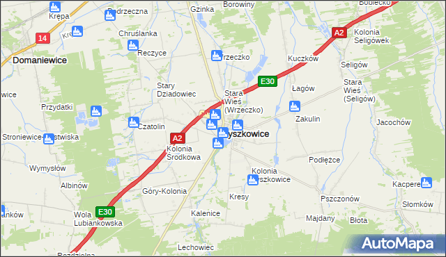 mapa Łyszkowice powiat łowicki, Łyszkowice powiat łowicki na mapie Targeo