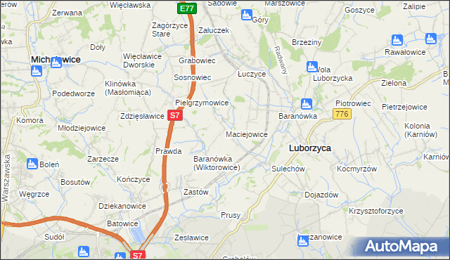 mapa Maciejowice gmina Kocmyrzów-Luborzyca, Maciejowice gmina Kocmyrzów-Luborzyca na mapie Targeo