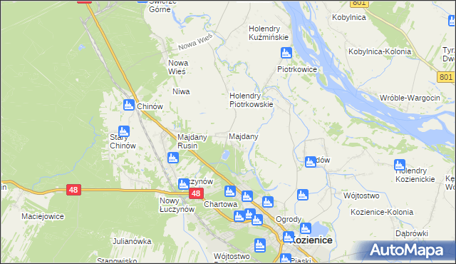 mapa Majdany gmina Kozienice, Majdany gmina Kozienice na mapie Targeo