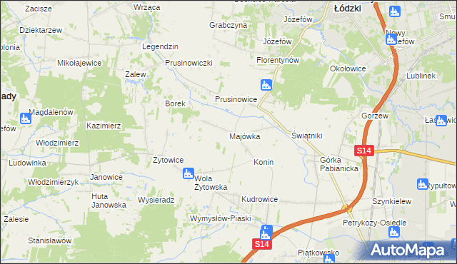 mapa Majówka gmina Pabianice, Majówka gmina Pabianice na mapie Targeo