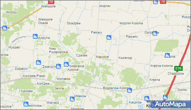 mapa Mąkolice gmina Wola Krzysztoporska, Mąkolice gmina Wola Krzysztoporska na mapie Targeo