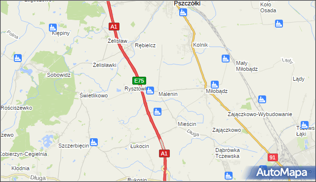 mapa Malenin gmina Tczew, Malenin gmina Tczew na mapie Targeo