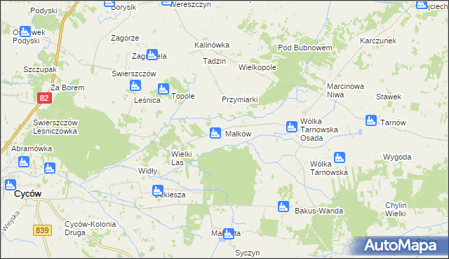 mapa Małków gmina Cyców, Małków gmina Cyców na mapie Targeo