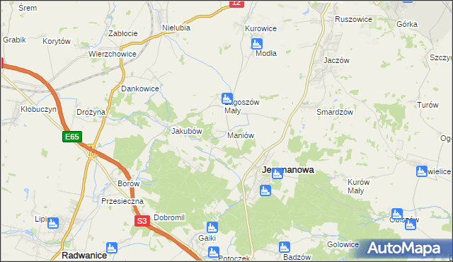 mapa Maniów gmina Jerzmanowa, Maniów gmina Jerzmanowa na mapie Targeo