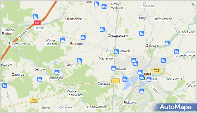 mapa Marianów gmina Biała Rawska, Marianów gmina Biała Rawska na mapie Targeo