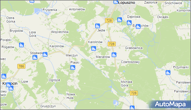 mapa Marianów gmina Łopuszno, Marianów gmina Łopuszno na mapie Targeo