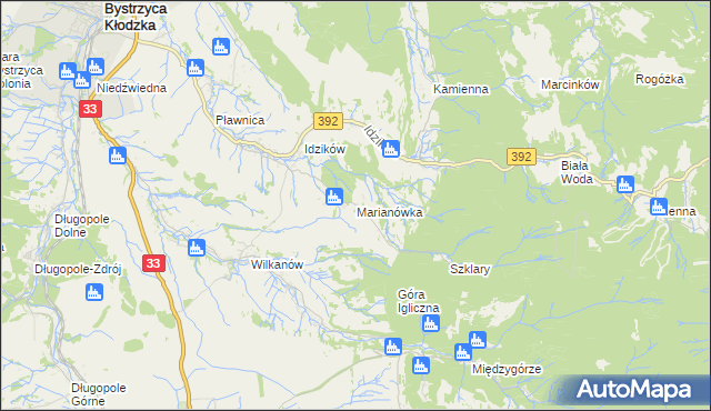 mapa Marianówka gmina Bystrzyca Kłodzka, Marianówka gmina Bystrzyca Kłodzka na mapie Targeo