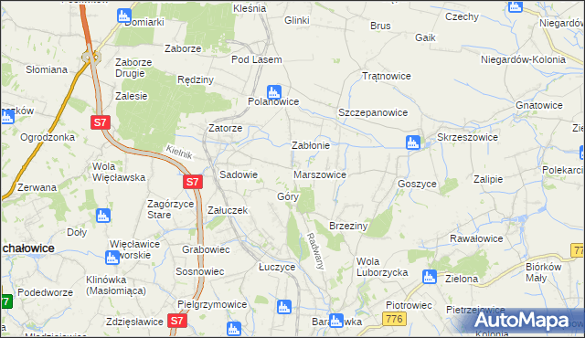 mapa Marszowice gmina Kocmyrzów-Luborzyca, Marszowice gmina Kocmyrzów-Luborzyca na mapie Targeo