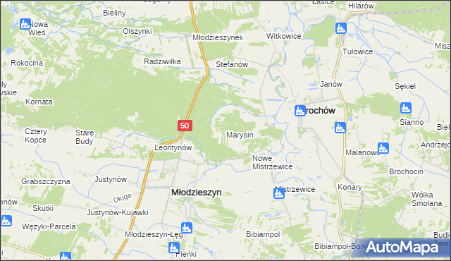 mapa Marysin gmina Młodzieszyn, Marysin gmina Młodzieszyn na mapie Targeo