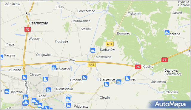 mapa Masłowice gmina Wieluń, Masłowice gmina Wieluń na mapie Targeo