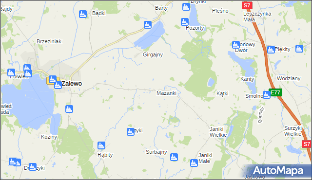 mapa Mazanki gmina Zalewo, Mazanki gmina Zalewo na mapie Targeo