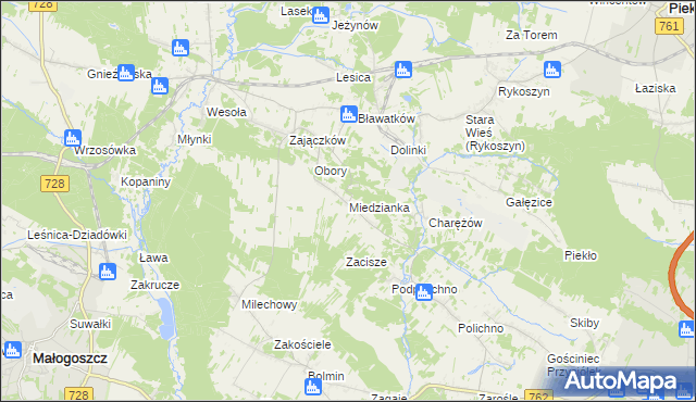 mapa Miedzianka gmina Chęciny, Miedzianka gmina Chęciny na mapie Targeo