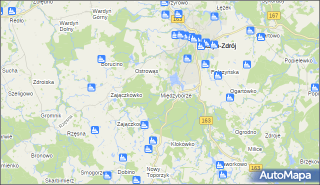 mapa Międzyborze gmina Połczyn-Zdrój, Międzyborze gmina Połczyn-Zdrój na mapie Targeo