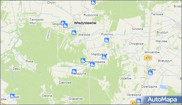 mapa Międzylesie gmina Władysławów, Międzylesie gmina Władysławów na mapie Targeo
