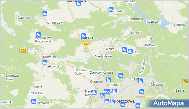 mapa Międzylesie gmina Włoszczowa, Międzylesie gmina Włoszczowa na mapie Targeo