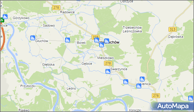 mapa Mieszkowo gmina Trzebiechów, Mieszkowo gmina Trzebiechów na mapie Targeo