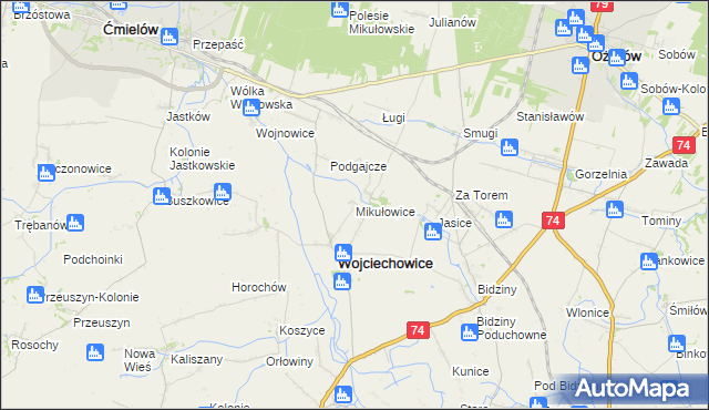 mapa Mikułowice gmina Wojciechowice, Mikułowice gmina Wojciechowice na mapie Targeo