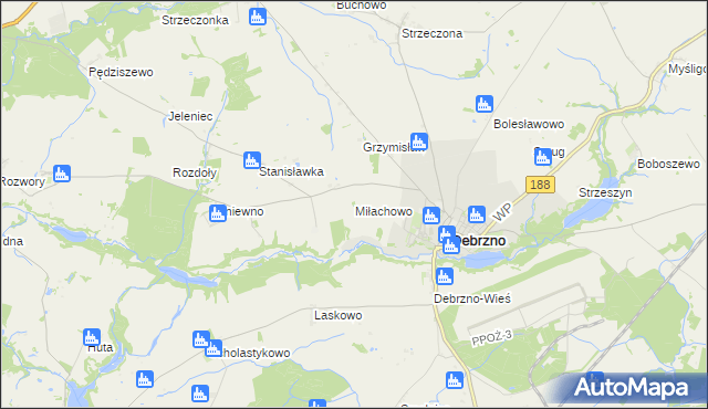 mapa Miłachowo gmina Debrzno, Miłachowo gmina Debrzno na mapie Targeo