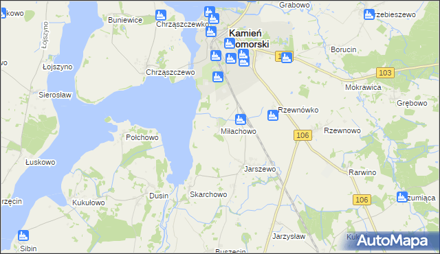 mapa Miłachowo gmina Kamień Pomorski, Miłachowo gmina Kamień Pomorski na mapie Targeo