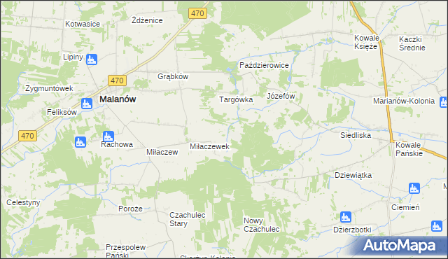 mapa Miłaczewskie Młyny, Miłaczewskie Młyny na mapie Targeo