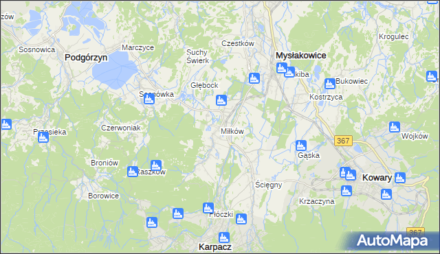 mapa Miłków gmina Podgórzyn, Miłków gmina Podgórzyn na mapie Targeo